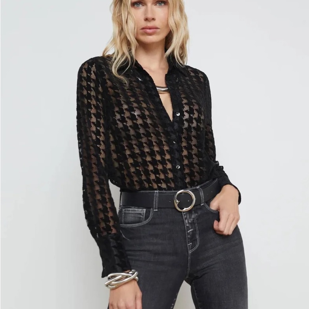 L'AGENCE Black Sheer Houndstooth-Textured Button Shirt